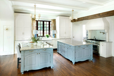 Inspiration for a timeless open concept kitchen remodel in Atlanta with beaded inset cabinets and two islands