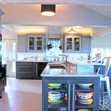 Gray & Charcoal Beach Kitchen with Double-Tiered Island