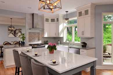Example of a large transitional l-shaped eat-in kitchen design in Other with flat-panel cabinets, white cabinets, quartz countertops, stainless steel appliances and an island
