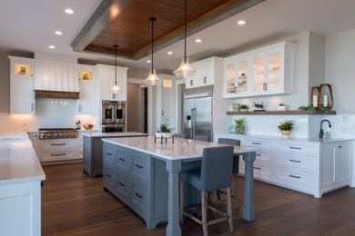 Kitchen - transitional u-shaped dark wood floor and brown floor kitchen idea in Other with shaker cabinets, white cabinets, white backsplash, stainless steel appliances, an island and white countertops