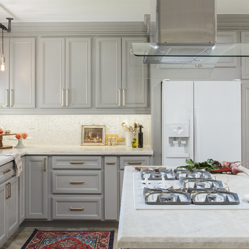 Gray Cabinets Brighten This Small Light & White Transitional Family Kitchen