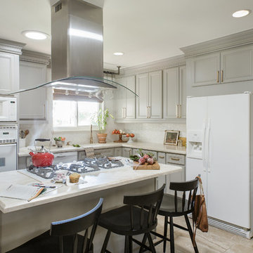 Gray Cabinets Brighten This Small Light & White Transitional Family Kitchen