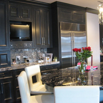 Gray Kitchen with Silver Glaze and Blue-Gray Island