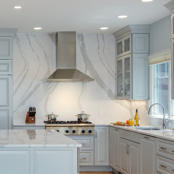 Gray Transitional Kitchen With Full-Height Backsplash