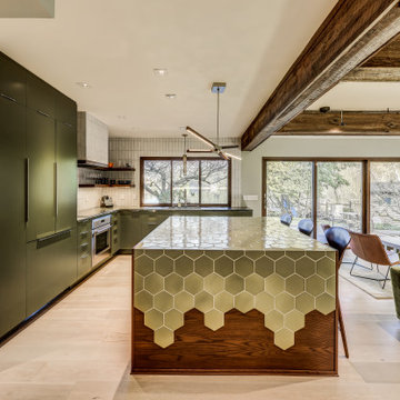 Great Room with Hex Tile Island and Fireplace Tiles