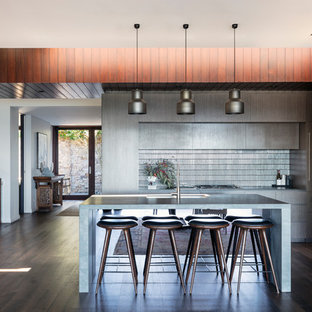 This is an example of a contemporary galley kitchen in Sydney with a double-bowl sink, flat-panel cabinets, grey cabinets, grey splashback, dark hardwood floors, with island and brown floor.