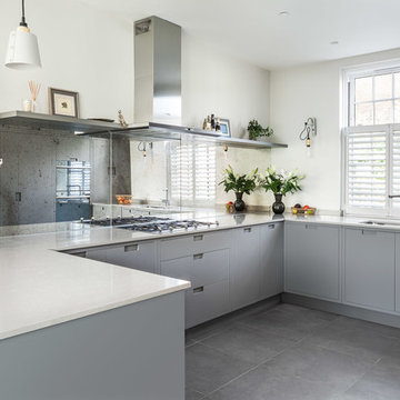 Grey framed Kitchen with antique glass splashback- Cambria st EMR Home Design