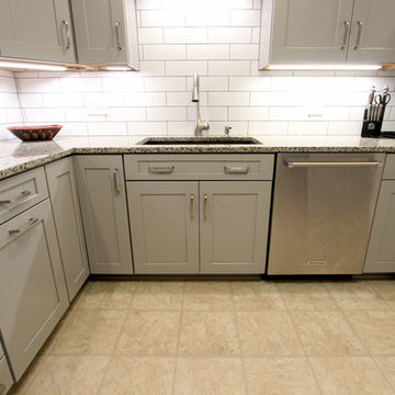 Grey Kitchen with White Subway Tile Backsplash and Granite Countertops ~ Copley