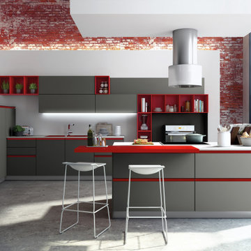 Grey Matte Lacquer with Red Accent | Handle-less Modern German Kitchen