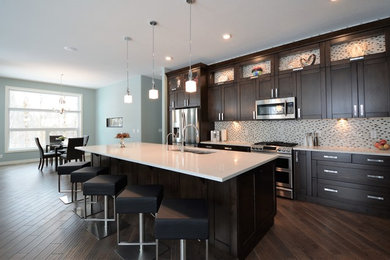Eat-in kitchen - large transitional single-wall dark wood floor and brown floor eat-in kitchen idea in Calgary with an undermount sink, shaker cabinets, dark wood cabinets, quartz countertops, multicolored backsplash, mosaic tile backsplash, stainless steel appliances and an island