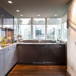 Réalisation d'une cuisine design en L avec un évier 2 bacs, un placard à porte plane, des portes de placard grises, un électroménager en acier inoxydable, un sol en bois foncé et aucun îlot.