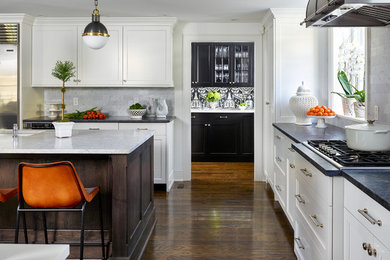 Inspiration for a transitional l-shaped dark wood floor enclosed kitchen remodel in Philadelphia with recessed-panel cabinets, white cabinets, stainless steel appliances and an island