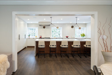 フィラデルフィアにある高級な広いモダンスタイルのおしゃれなキッチン (アンダーカウンターシンク、フラットパネル扉のキャビネット、白いキャビネット、珪岩カウンター、白いキッチンパネル、セラミックタイルのキッチンパネル、パネルと同色の調理設備、無垢フローリング、茶色い床、白いキッチンカウンター) の写真