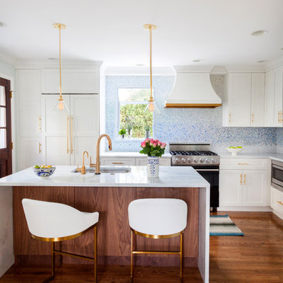 Example of a small transitional l-shaped dark wood floor kitchen design in Philadelphia with an undermount sink, white cabinets, quartzite countertops, blue backsplash, mosaic tile backsplash, an island, shaker cabinets and stainless steel appliances