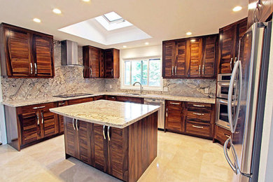 Large mountain style u-shaped ceramic tile kitchen pantry photo in Hawaii with a double-bowl sink, flat-panel cabinets, dark wood cabinets, granite countertops, multicolored backsplash, granite backsplash, stainless steel appliances, an island and beige countertops