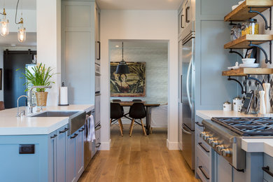 Foto de cocina lineal clásica renovada con fregadero sobremueble, armarios estilo shaker, puertas de armario grises, encimera de cuarcita, electrodomésticos de acero inoxidable, suelo de madera clara y una isla