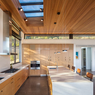 Ispirazione per una grande cucina abitabile minimalista con ante lisce, ante in legno chiaro, top in cemento, elettrodomestici in acciaio inossidabile, pavimento in cemento, isola e lavello a doppia vasca