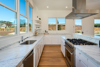 Open concept kitchen - farmhouse light wood floor open concept kitchen idea in San Francisco with an undermount sink, shaker cabinets, white cabinets, marble countertops, stainless steel appliances and an island
