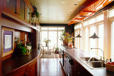 Eat-in kitchen - mid-sized traditional galley dark wood floor eat-in kitchen idea in Other with a double-bowl sink, shaker cabinets, dark wood cabinets, solid surface countertops and stainless steel appliances