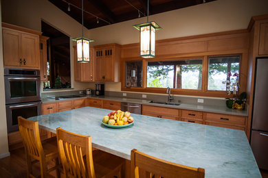 Imagen de cocinas en L de estilo americano de tamaño medio cerrada con fregadero de doble seno, armarios estilo shaker, puertas de armario de madera clara, encimera de cuarcita, salpicadero gris, salpicadero de losas de piedra, electrodomésticos de acero inoxidable, suelo de madera en tonos medios y una isla