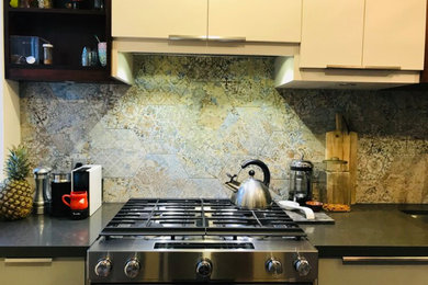 トロントにあるエクレクティックスタイルのおしゃれなキッチン (マルチカラーのキッチンパネル、モザイクタイルのキッチンパネル) の写真