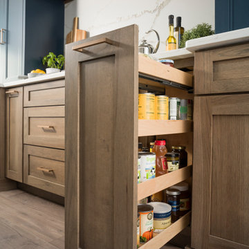 Hickory & Blue Modern Farmhouse Kitchen with Pull-Out Pantry Cabinet Storage