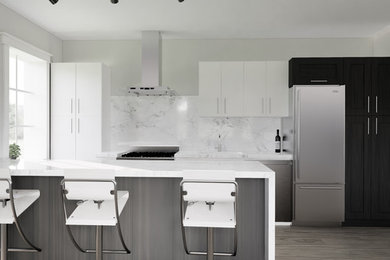 Inspiration for a mid-sized transitional single-wall medium tone wood floor and brown floor open concept kitchen remodel in Toronto with a drop-in sink, flat-panel cabinets, dark wood cabinets, marble countertops, white backsplash, marble backsplash, stainless steel appliances, an island and white countertops