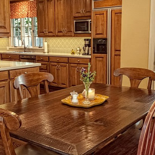 Inspiration for a large traditional galley eat-in kitchen in Dallas with an undermount sink, raised-panel cabinets, green cabinets, green splashback, ceramic splashback, stainless steel appliances, dark hardwood floors and a peninsula.
