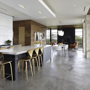 Diseño de cocina de galera, minimalista, abierta, con armarios con paneles lisos, puertas de armario grises, salpicadero blanco y electrodomésticos de acero inoxidable