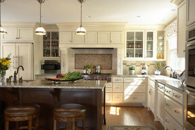 Example of a transitional medium tone wood floor kitchen design in Minneapolis with granite countertops, stainless steel appliances and an island