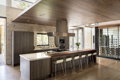Example of a minimalist medium tone wood floor kitchen design in Denver with an undermount sink, flat-panel cabinets, dark wood cabinets, stainless steel appliances and an island