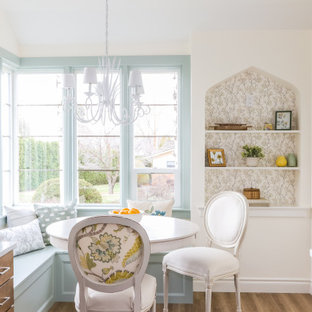 Design ideas for a small country galley separate kitchen in Seattle with a farmhouse sink, shaker cabinets, quartz benchtops, grey splashback, porcelain splashback, stainless steel appliances, vinyl floors and white benchtop.