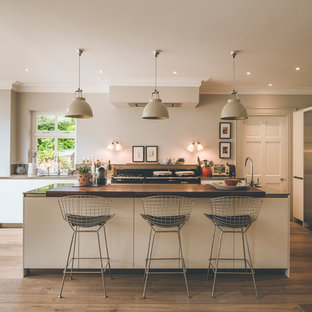 Medium sized contemporary kitchen in Other with flat-panel cabinets, beige cabinets, stainless steel appliances, medium hardwood flooring, an island and brown floors.