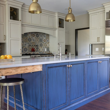 Blue Kitchen With Distressed Cabinets, Bar Stools Unlimited Fort Worth