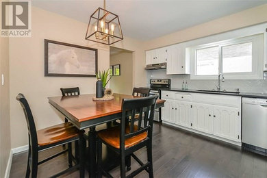 Transitional kitchen photo in Toronto with white cabinets, gray backsplash, ceramic backsplash and stainless steel appliances