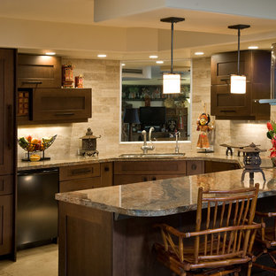 This is an example of a small asian u-shaped eat-in kitchen in Hawaii with shaker cabinets, dark wood cabinets, granite benchtops, beige splashback, stone tile splashback, panelled appliances, marble floors and a peninsula.