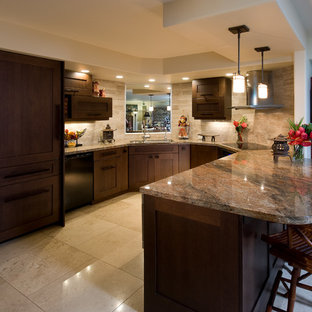 Photo of a small asian u-shaped eat-in kitchen in Hawaii with shaker cabinets, dark wood cabinets, granite benchtops, beige splashback, stone tile splashback, panelled appliances, marble floors and a peninsula.