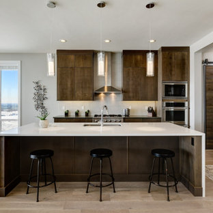 Contemporary kitchen photos - Kitchen - contemporary kitchen idea in Boise with flat-panel cabinets, brown cabinets, quartz countertops and white countertops