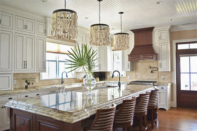 Inspiration for a large timeless eat-in kitchen remodel in Other with a farmhouse sink, beaded inset cabinets, white cabinets, paneled appliances and an island