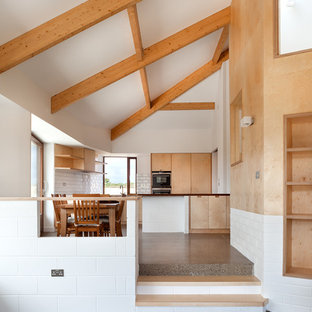 Idee per una cucina minimal con pavimento alla veneziana e pavimento grigio