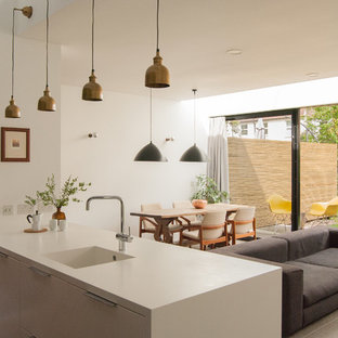 Esempio di una cucina minimal con lavello integrato, ante lisce e penisola