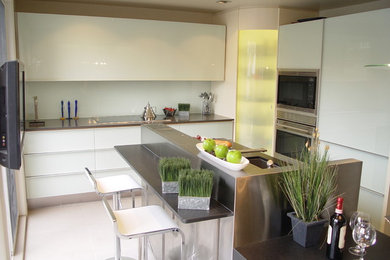 トロントにある中くらいなコンテンポラリースタイルのおしゃれなキッチン (シングルシンク、フラットパネル扉のキャビネット、白いキャビネット、シルバーの調理設備) の写真