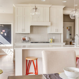 Large transitional eat-in kitchen pictures - Eat-in kitchen - large transitional light wood floor eat-in kitchen idea in Boise with shaker cabinets, white cabinets, an island, quartzite countertops and stainless steel appliances