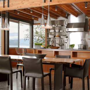 Foto di una grande cucina moderna con elettrodomestici in acciaio inossidabile, ante in legno scuro e isola