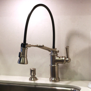 Industrial Faucet with Full Height Quartz Backsplash