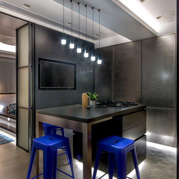 Industrial Minimal Kitchen with Extendable Table, Hong Kong