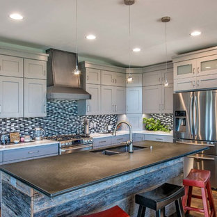 Inspiration for a mid-sized industrial l-shaped open plan kitchen in Other with a double-bowl sink, flat-panel cabinets, white cabinets, zinc benchtops, multi-coloured splashback, mosaic tile splashback, stainless steel appliances, medium hardwood floors and with island.