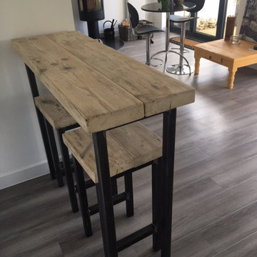 Industrial Style Reclaimed Wood Breakfast Bar and Two Stools