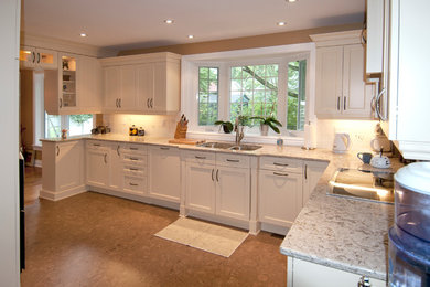 Example of a mid-sized classic u-shaped cork floor eat-in kitchen design in Ottawa with an undermount sink, beige cabinets, quartz countertops, white backsplash, ceramic backsplash, stainless steel appliances, shaker cabinets and no island