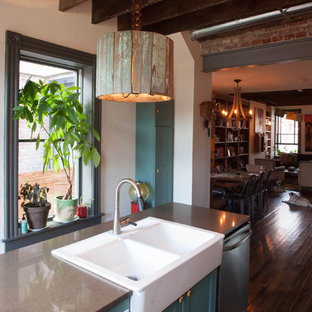 Inspiration for an eclectic kitchen in Philadelphia with a drop-in sink, recessed-panel cabinets, turquoise cabinets and stainless steel appliances.